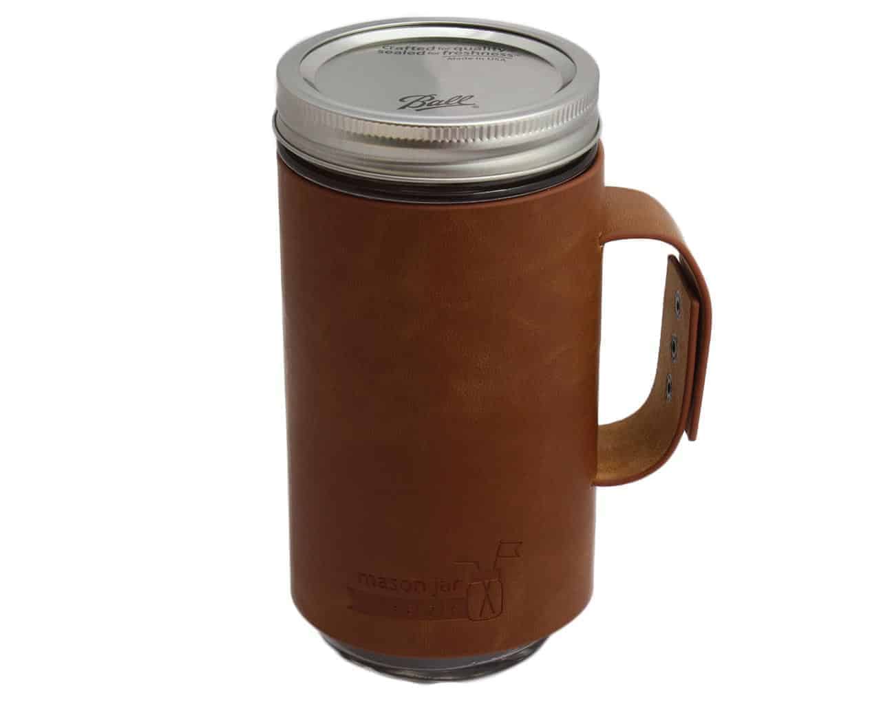 Faux leather sleeve with handle / travel mug on Ball pint & half 24oz Mason jar