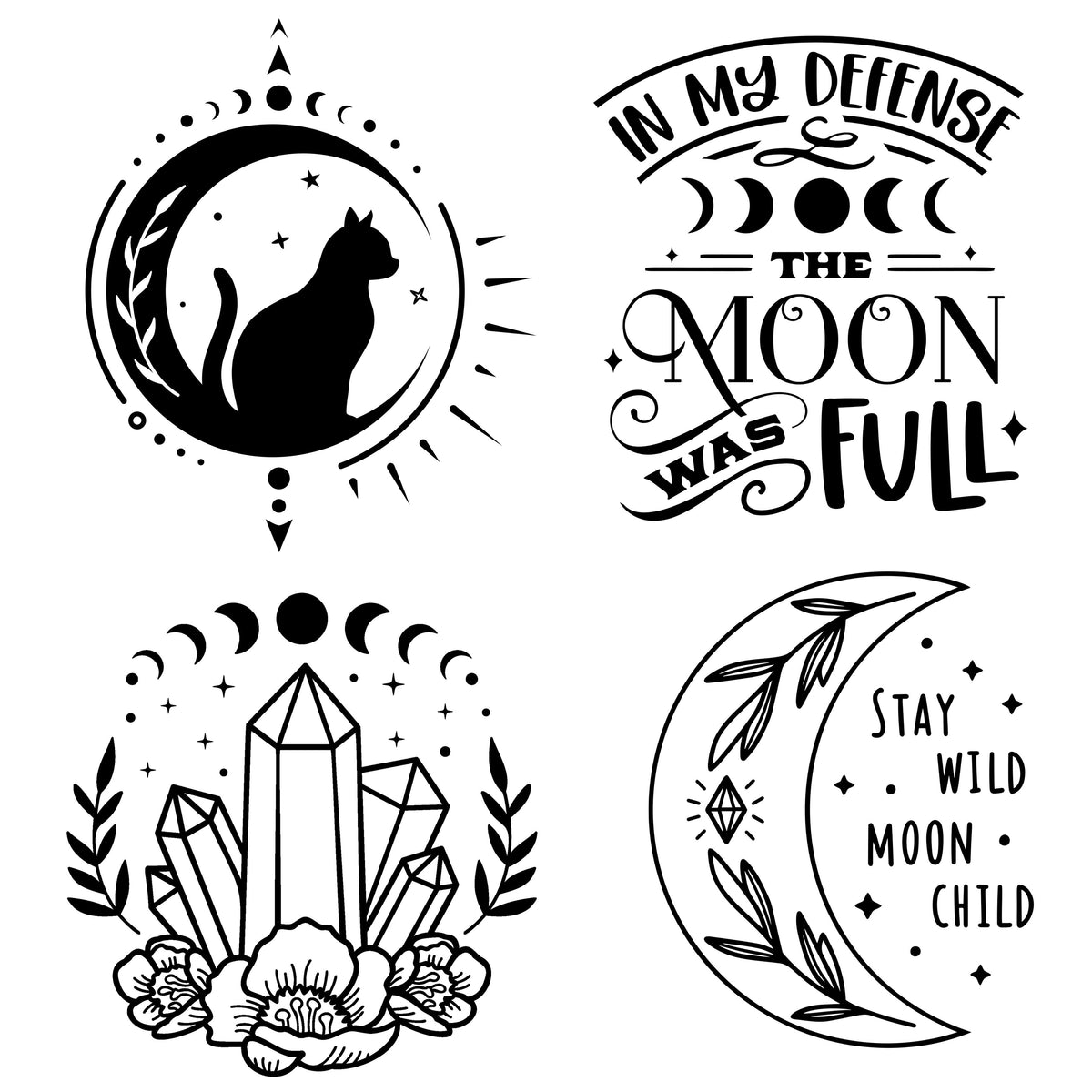 Four moon, crystal, and black cat laser engraving designs