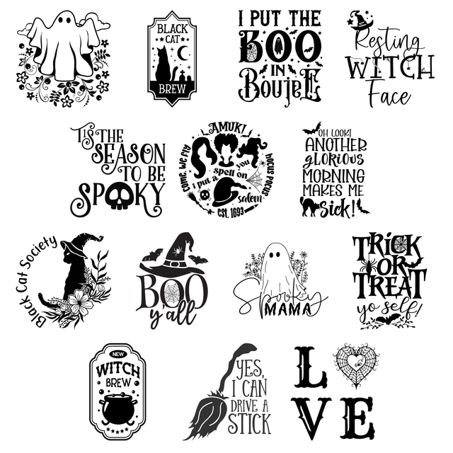 All 14 Halloween laser engraving designs featuring ghosts, black cats, witch-themed artwork, and spooky sayings