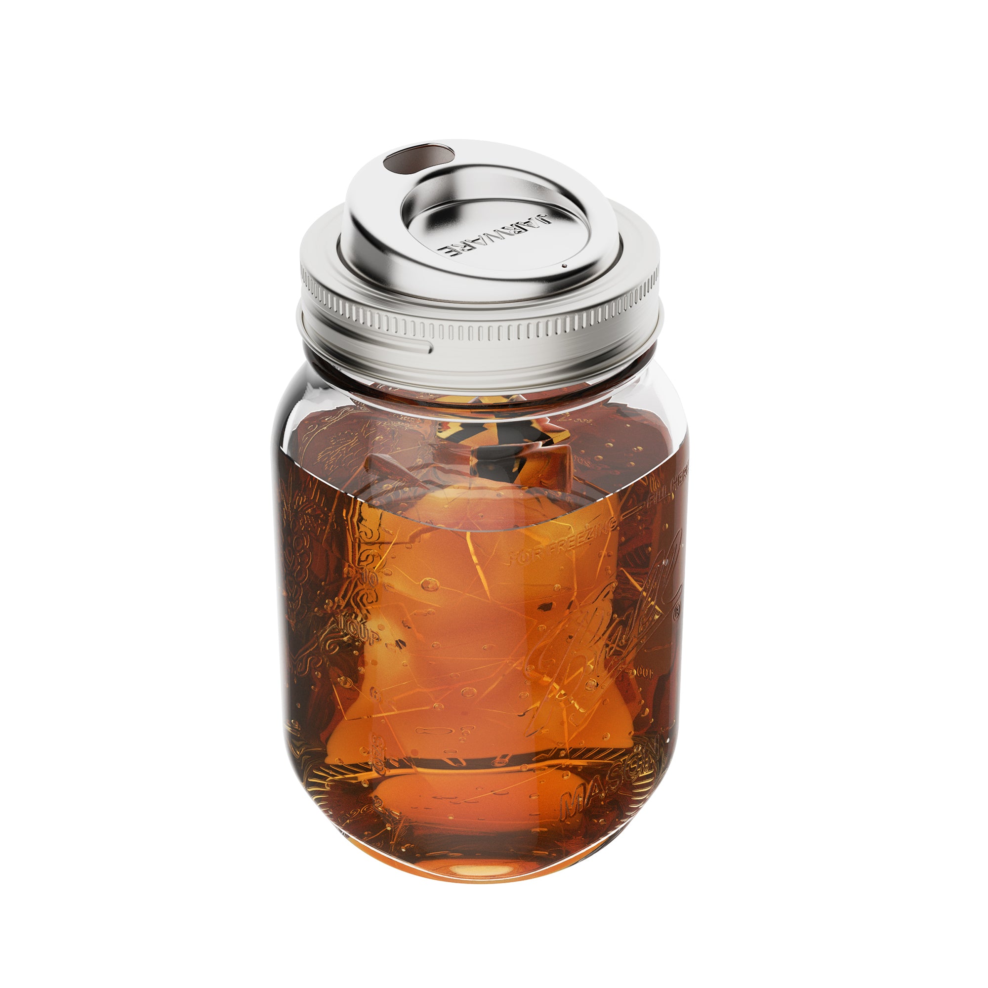 Jarware Stainless Steel Sip Lid on a regular mouth Mason jar. The lid all stainless steel.