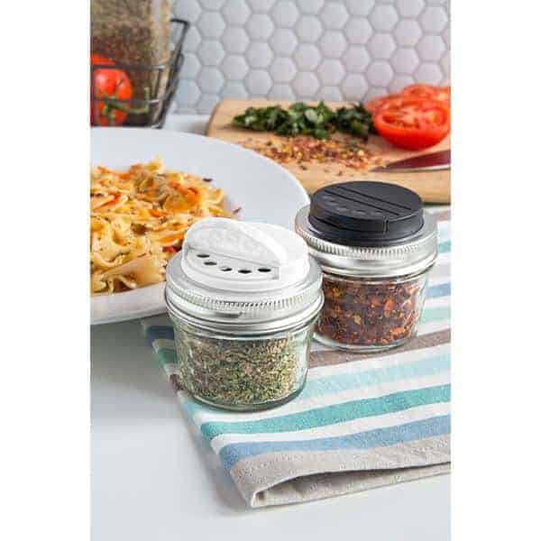 Jarware black and white spice lids for regular mouth Mason jars in kitchen