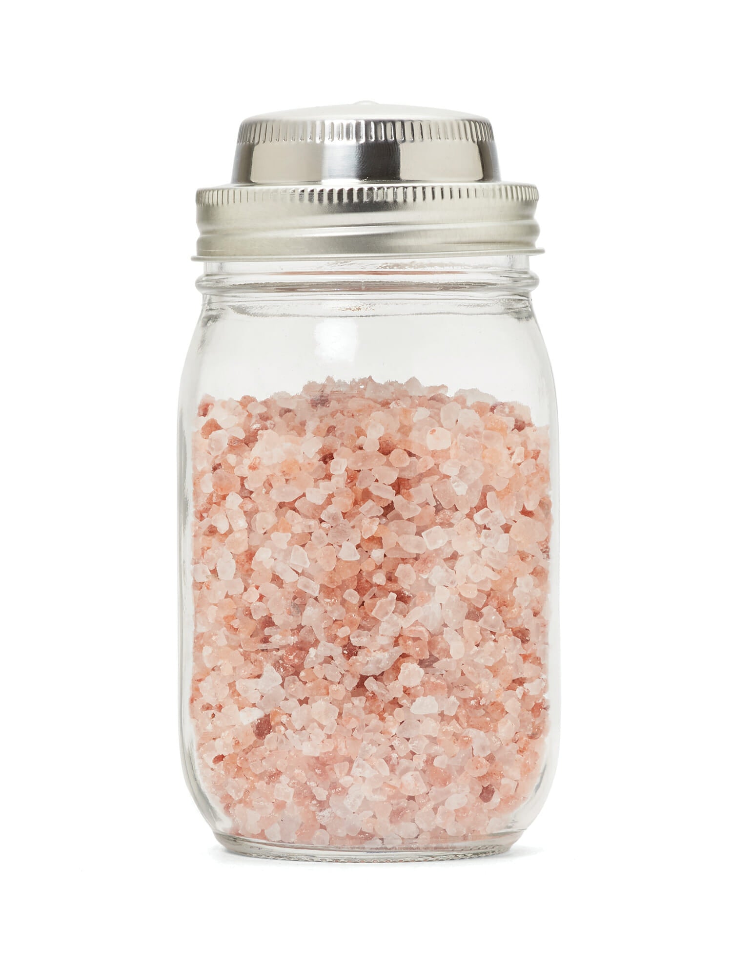 Jarware stainless steel spice shaker lid on pint Mason jar with pink Himalayan salt