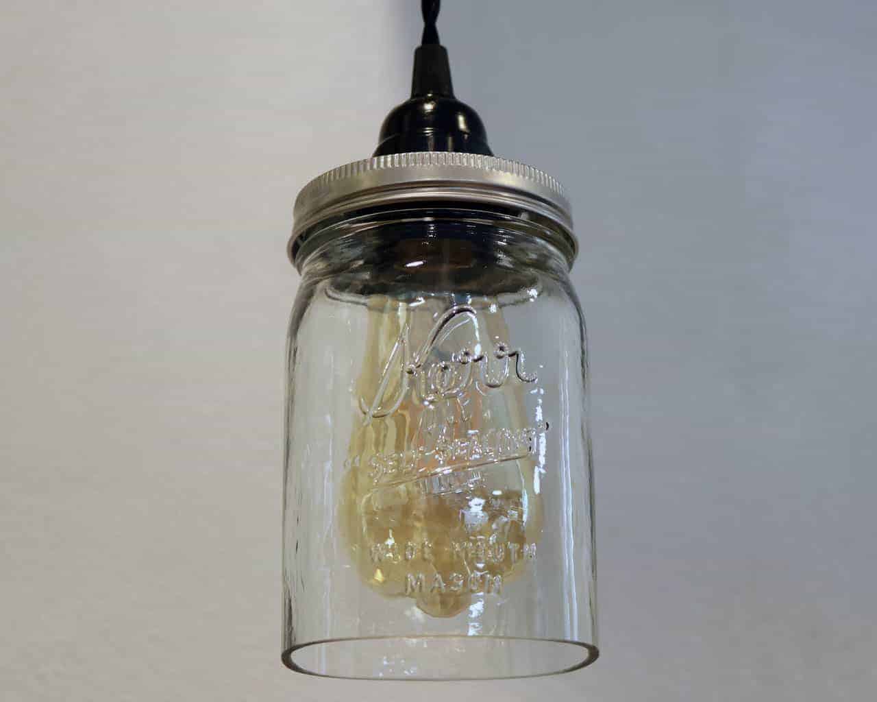 Kerr wide mouth quart Mason jar pendant light full kit with hand cut jar, lid, on/off switch, and wall plug - bulb off