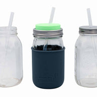 Long platinum cured silicone straws in quart 32oz Mason jars with Mason Jar Lifestyle silicone sleeve and lids