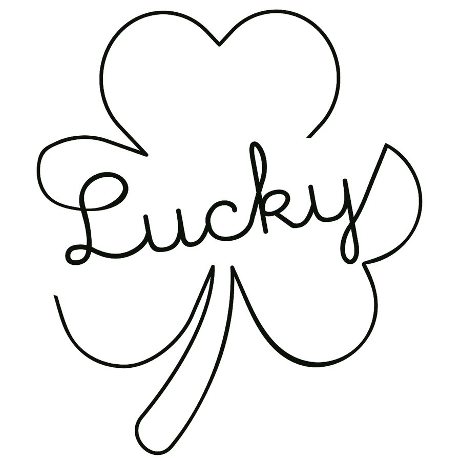 A black and white graphic for laser engraving. There is text reading "Lucky" with a simple thin line shamrock surrounding it.