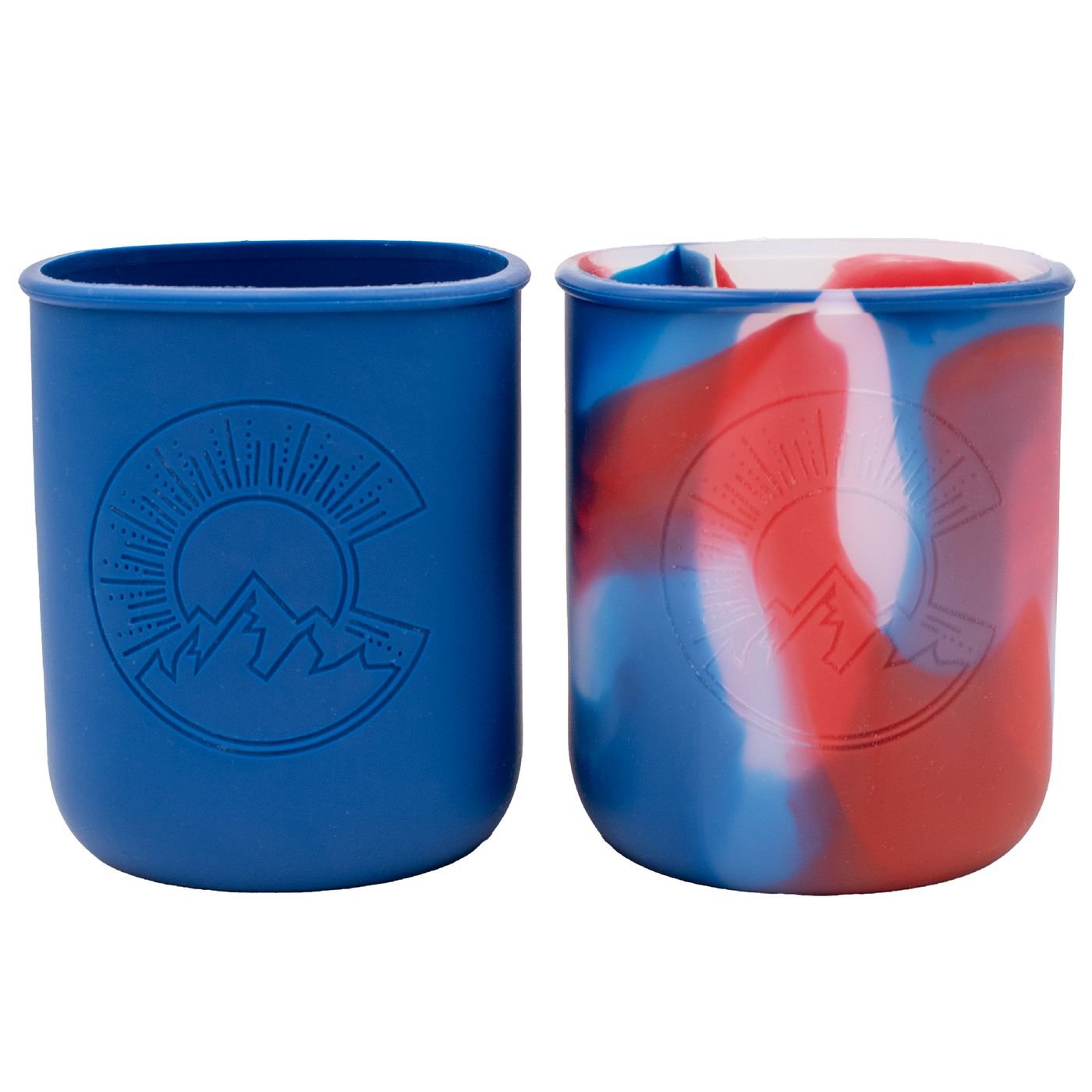 Two quart sleeves, deep blue and flag colored, with the 150th anniversary design laser engraved onto them.