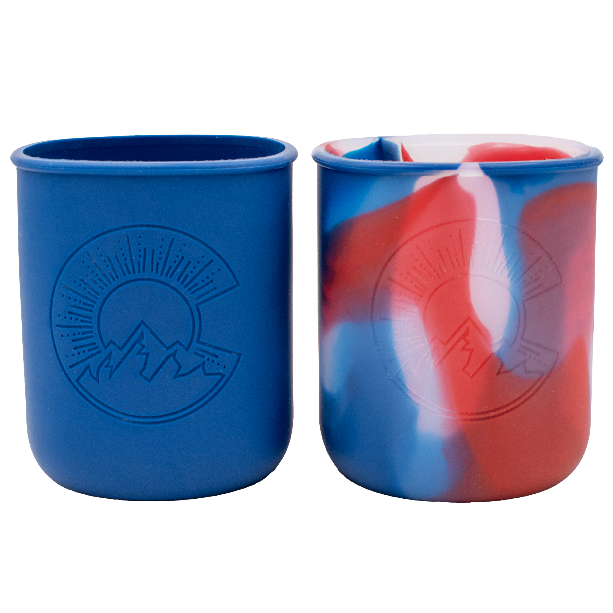 Two quart sleeves, deep blue and flag colored, with the 150th anniversary design laser engraved onto them.