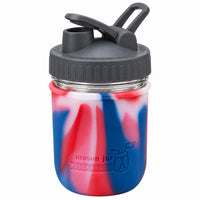 16oz Ball wide mouth mason jar sports bottle with American Flag silicone sleeve and Charcoal Gray carry loop lid