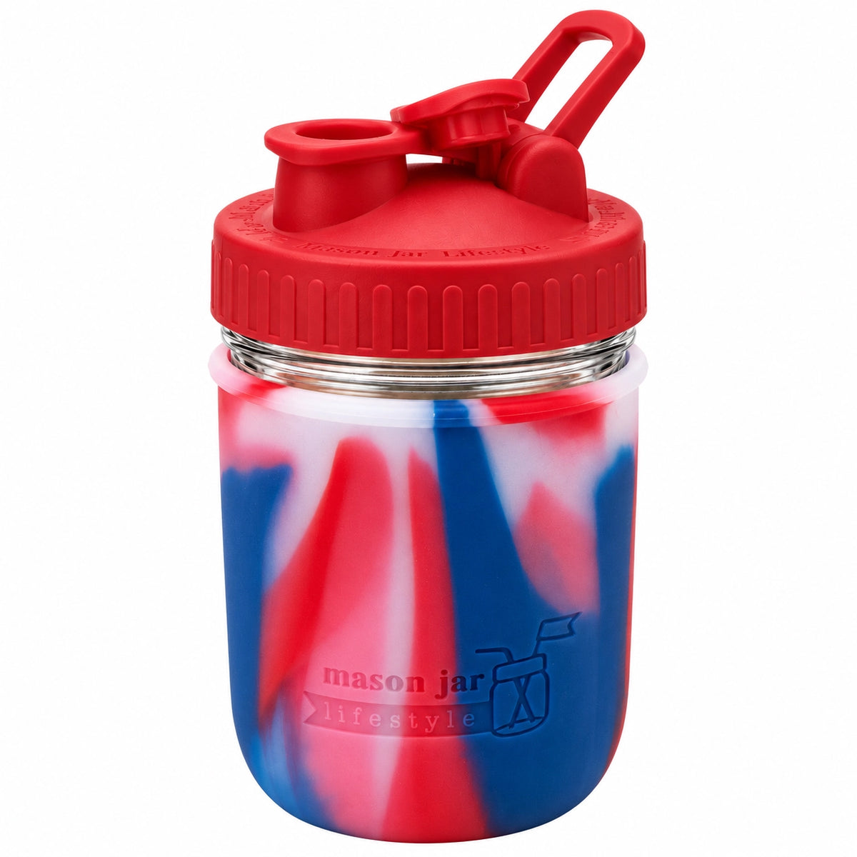 16oz Ball wide mouth mason jar sports bottle with American Flag silicone sleeve and Cherry Red carry loop lid