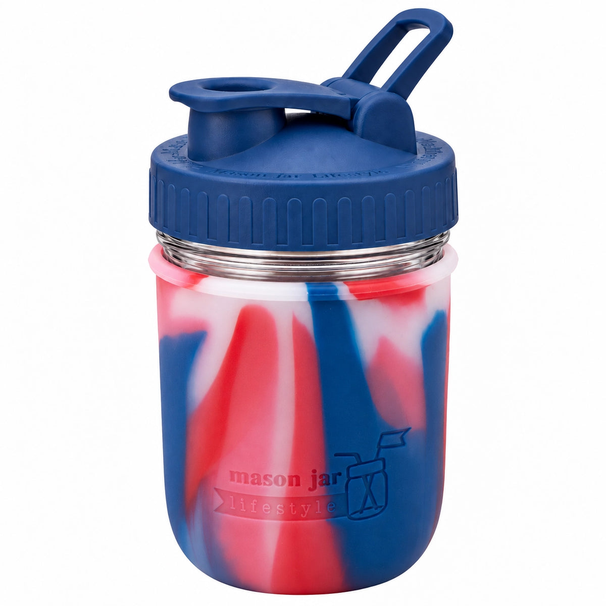 16oz Ball wide mouth mason jar sports bottle with American Flag silicone sleeve and Deep Blue carry loop lid