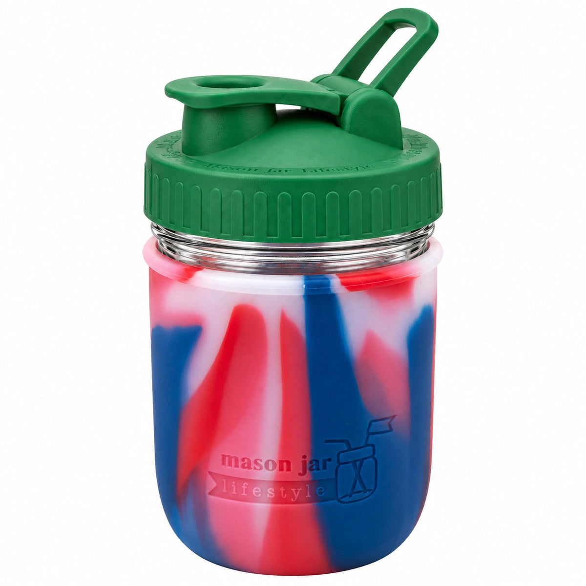 16oz Ball wide mouth mason jar sports bottle with American Flag silicone sleeve and Leaf Green carry loop lid