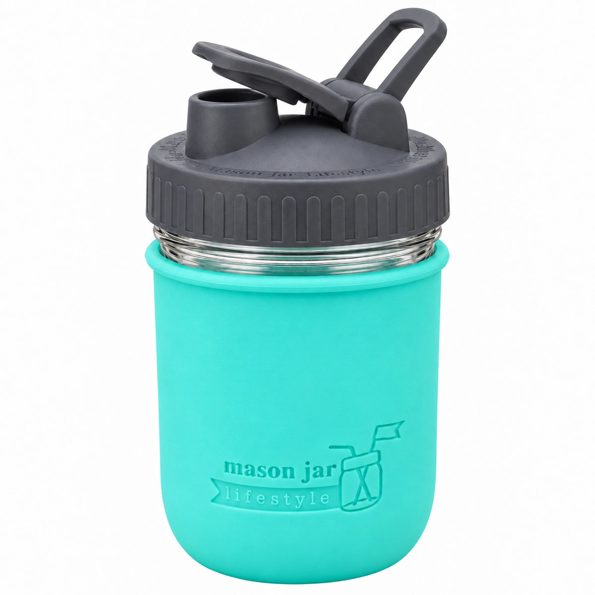 16oz Ball wide mouth mason jar sports bottle with Aquamarine silicone sleeve and Charcoal Gray carry loop lid