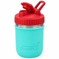 16oz Ball wide mouth mason jar sports bottle with Aquamarine silicone sleeve and Cherry Red carry loop lid