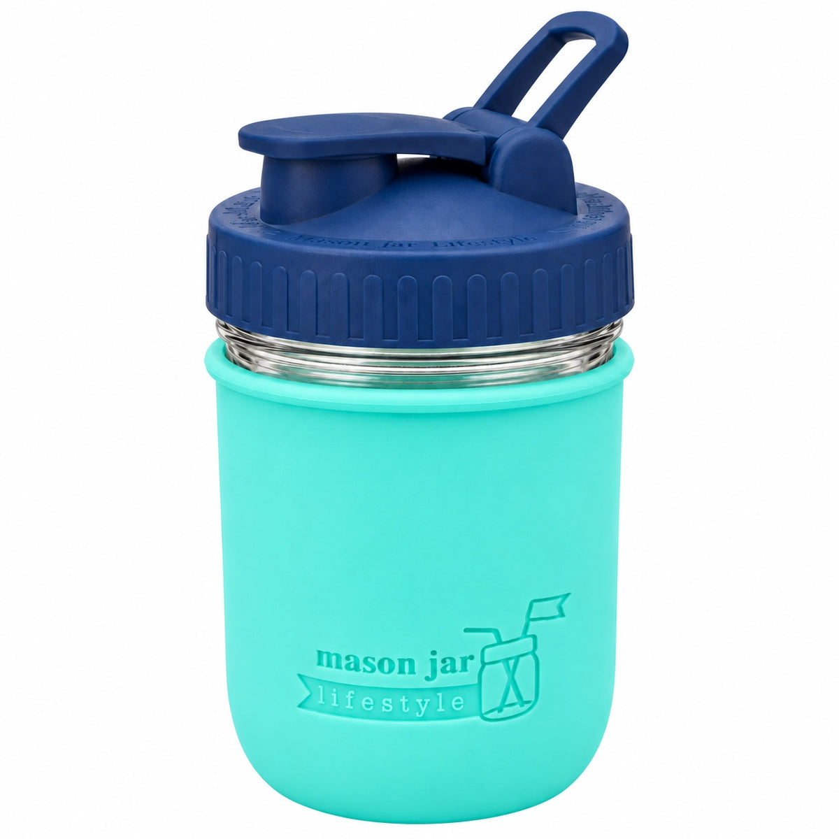 16oz Ball wide mouth mason jar sports bottle with Aquamarine silicone sleeve and Deep Blue carry loop lid