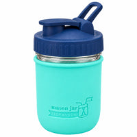 16oz Ball wide mouth mason jar sports bottle with Aquamarine silicone sleeve and Deep Blue carry loop lid
