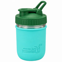 16oz Ball wide mouth mason jar sports bottle with Aquamarine silicone sleeve and Leaf Green carry loop lid