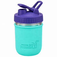 16oz Ball wide mouth mason jar sports bottle with Aquamarine silicone sleeve and Ultra Violet carry loop lid