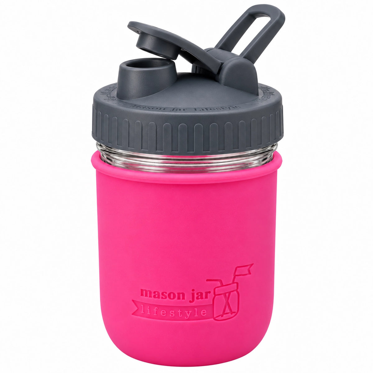 16oz Ball wide mouth mason jar sports bottle with Berry Pink silicone sleeve and Charcoal Gray carry loop lid