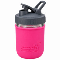 16oz Ball wide mouth mason jar sports bottle with Berry Pink silicone sleeve and Charcoal Gray carry loop lid