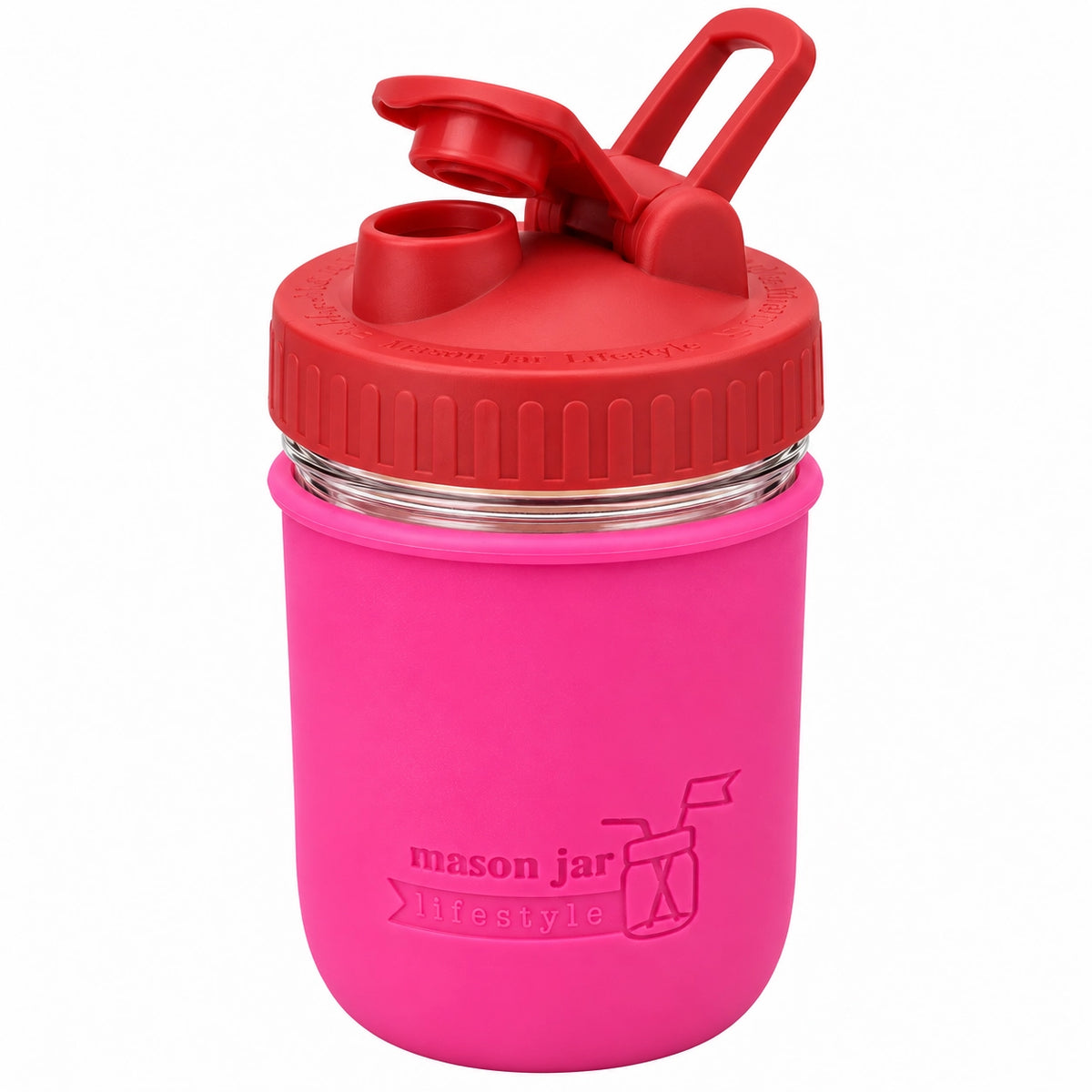 16oz Ball wide mouth mason jar sports bottle with Berry Pink silicone sleeve and Cherry Red carry loop lid