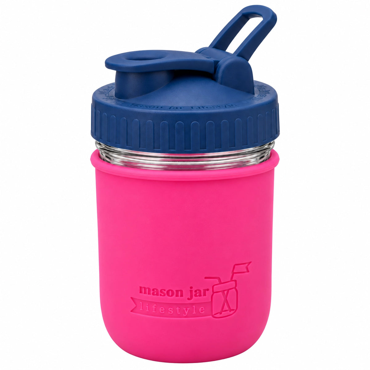 16oz Ball wide mouth mason jar sports bottle with Berry Pink silicone sleeve and Deep Blue carry loop lid