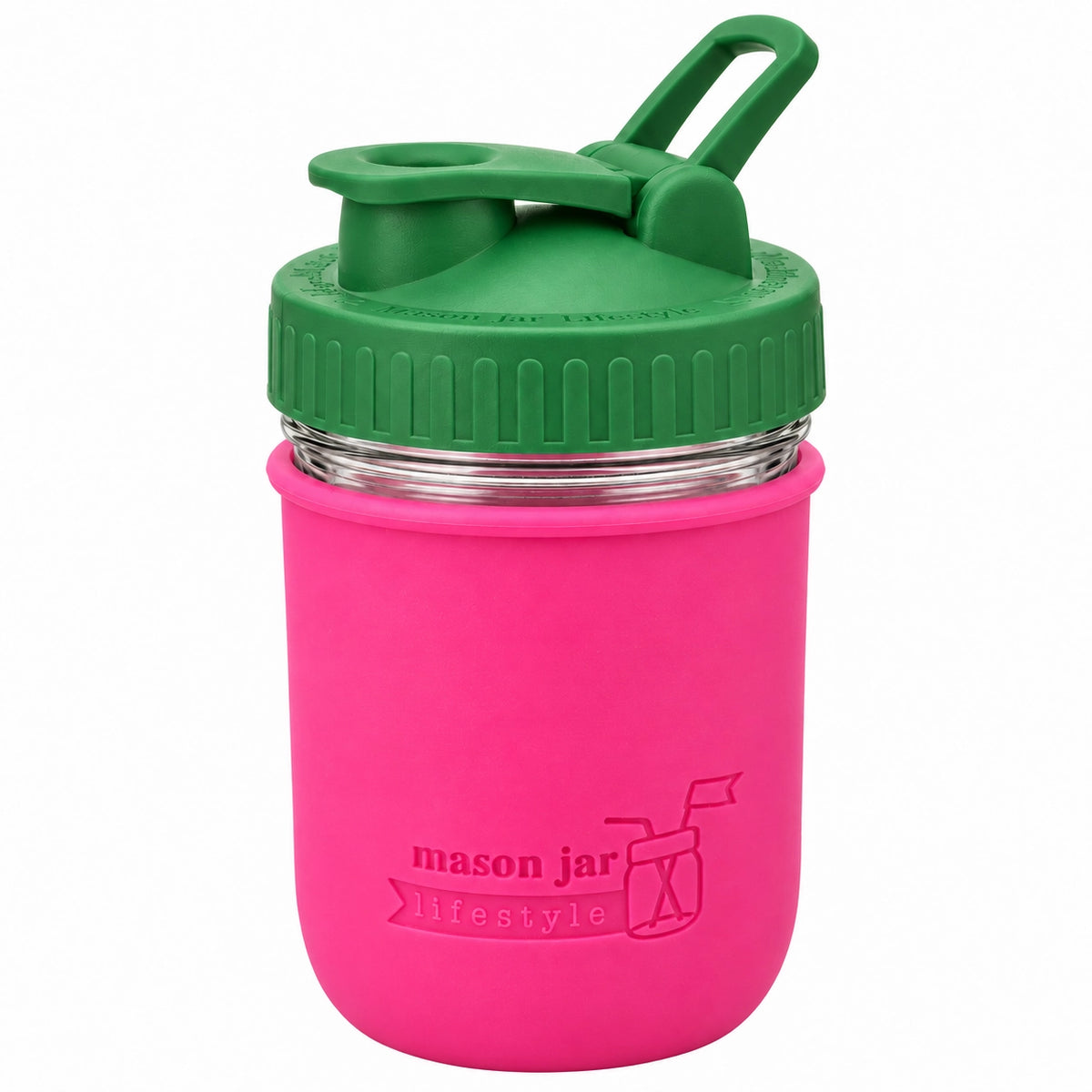 16oz Ball wide mouth mason jar sports bottle with Berry Pink silicone sleeve and Leaf Green carry loop lid