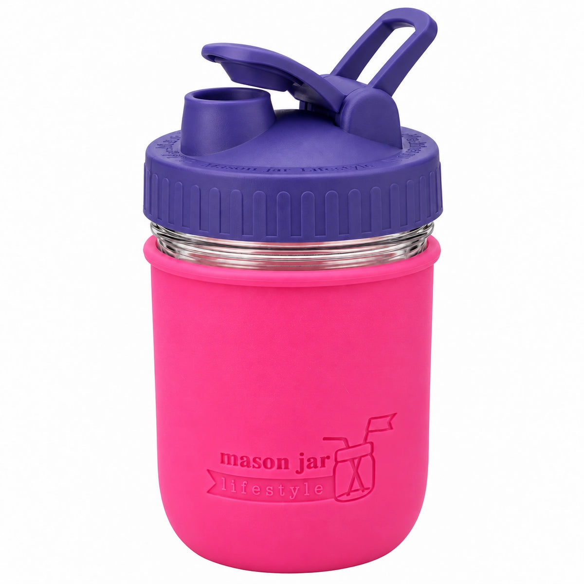 16oz Ball wide mouth mason jar sports bottle with Berry Pink silicone sleeve and Ultra Violet carry loop lid