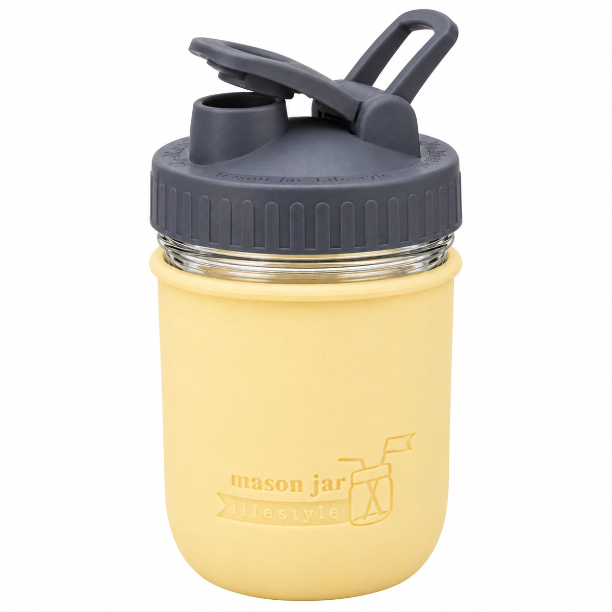 16oz Ball wide mouth mason jar sports bottle with Butter Yellow silicone sleeve and Charcoal Gray carry loop lid