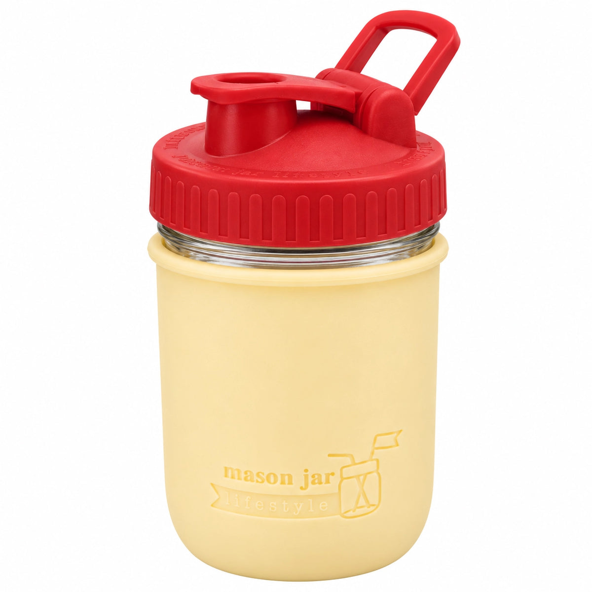 16oz Ball wide mouth mason jar sports bottle with Butter Yellow silicone sleeve and Cherry Red carry loop lid