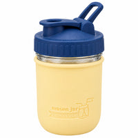 16oz Ball wide mouth mason jar sports bottle with Butter Yellow silicone sleeve and Deep Blue carry loop lid
