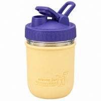 16oz Ball wide mouth mason jar sports bottle with Butter Yellow silicone sleeve and Ultra Violet carry loop lid