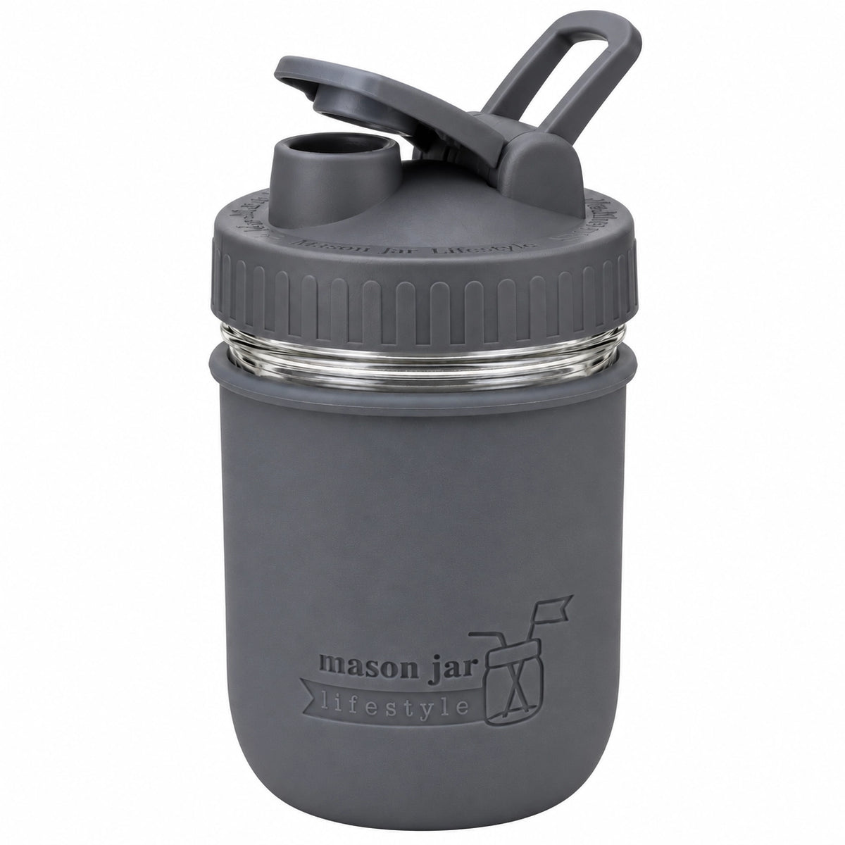 16oz Ball wide mouth mason jar sports bottle with Charcoal Gray silicone sleeve and Charcoal Gray carry loop lid
