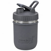 16oz Ball wide mouth mason jar sports bottle with Charcoal Gray silicone sleeve and Charcoal Gray carry loop lid