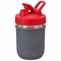 16oz Ball wide mouth mason jar sports bottle with Charcoal Gray silicone sleeve and Cherry Red carry loop lid