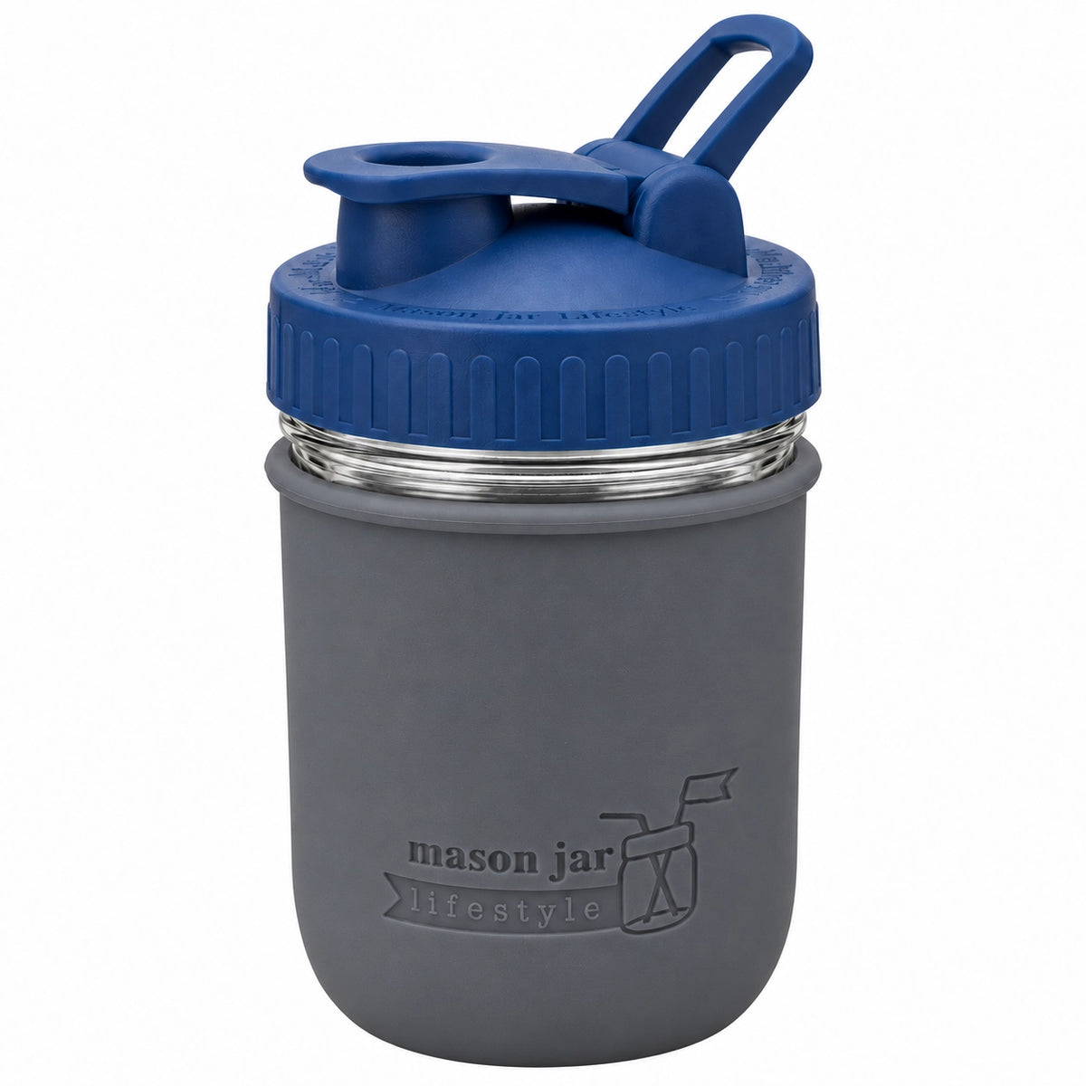 16oz Ball wide mouth mason jar sports bottle with Charcoal Gray silicone sleeve and Deep Blue carry loop lid