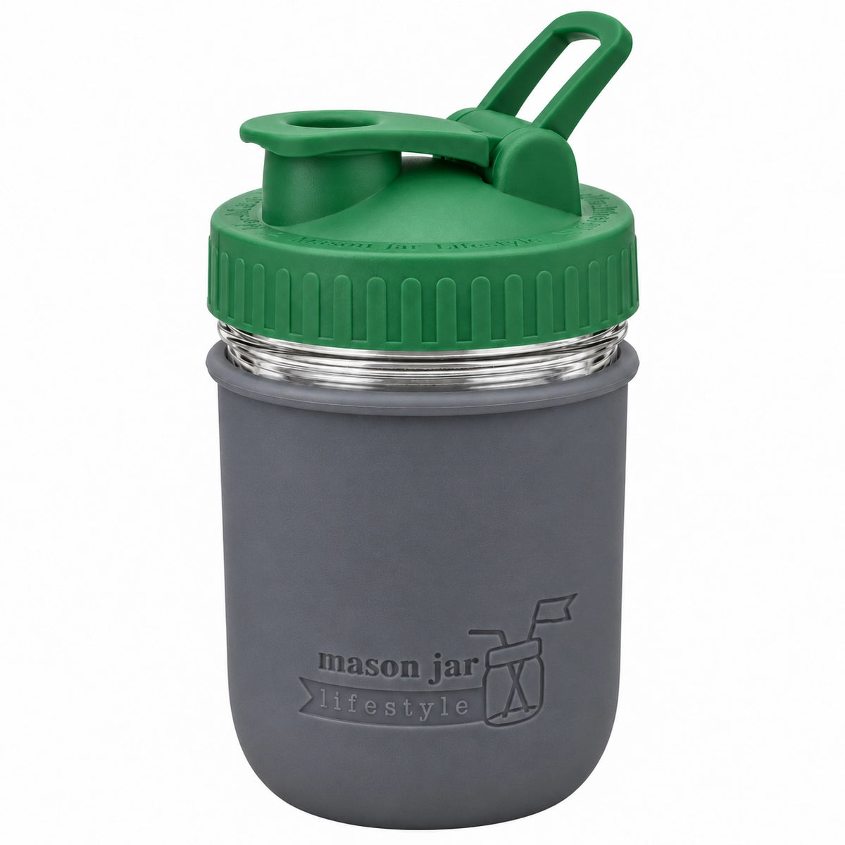 16oz Ball wide mouth mason jar sports bottle with Charcoal Gray silicone sleeve and Leaf Green carry loop lid