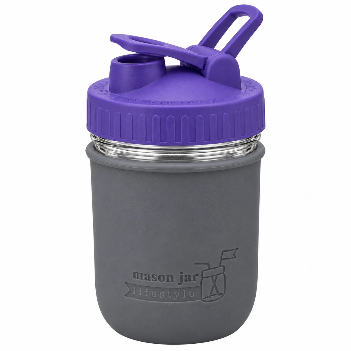 16oz Ball wide mouth mason jar sports bottle with Charcoal Gray silicone sleeve and Ultra Violet carry loop lid