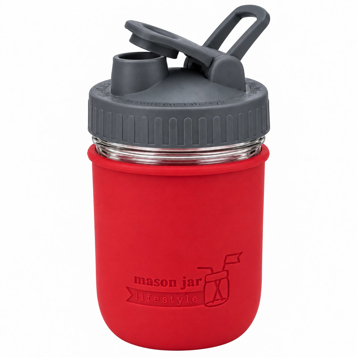 16oz Ball wide mouth mason jar sports bottle with Cherry Red silicone sleeve and Charcoal Gray carry loop lid