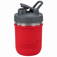 16oz Ball wide mouth mason jar sports bottle with Cherry Red silicone sleeve and Charcoal Gray carry loop lid