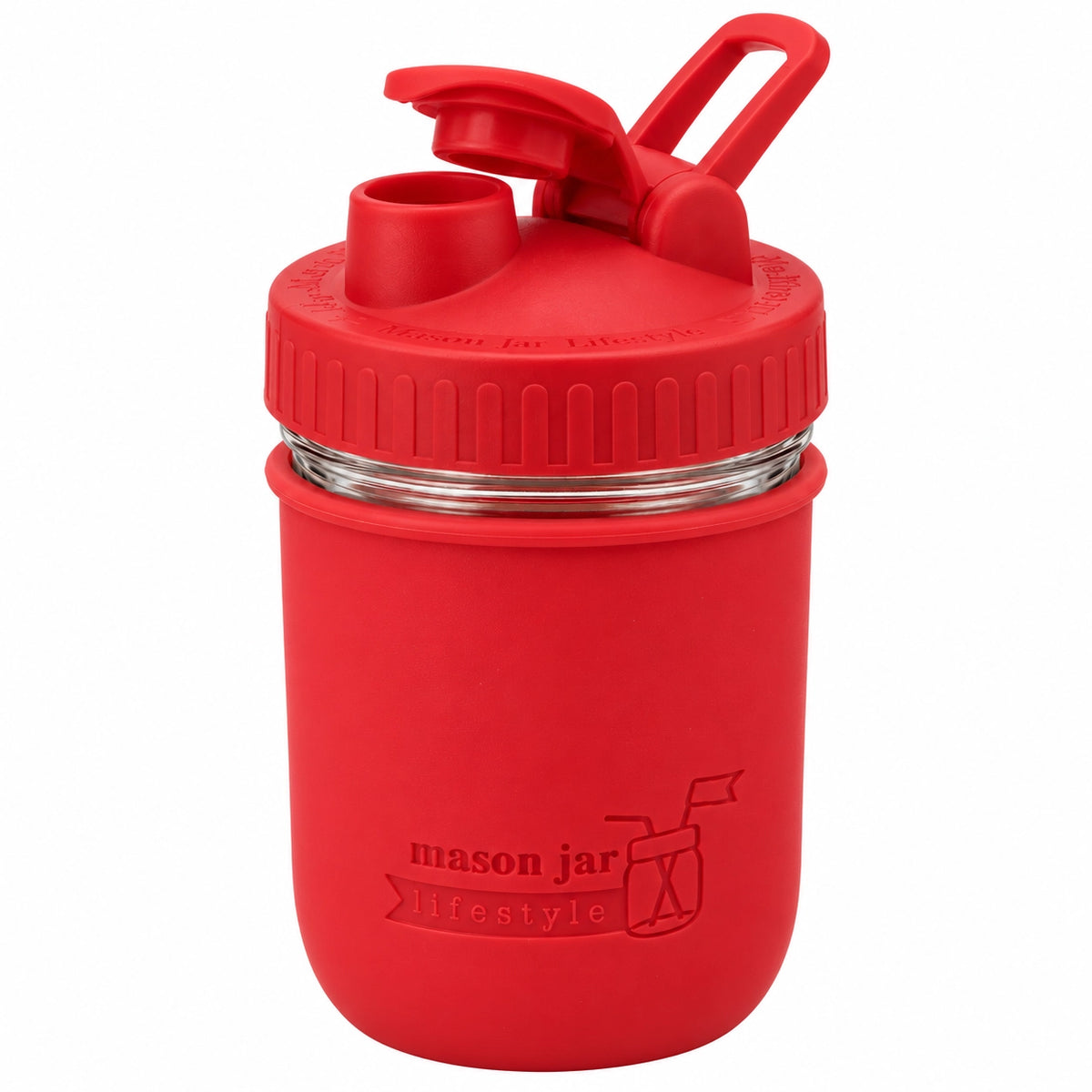 16oz Ball wide mouth mason jar sports bottle with Cherry Red silicone sleeve and Cherry Red carry loop lid