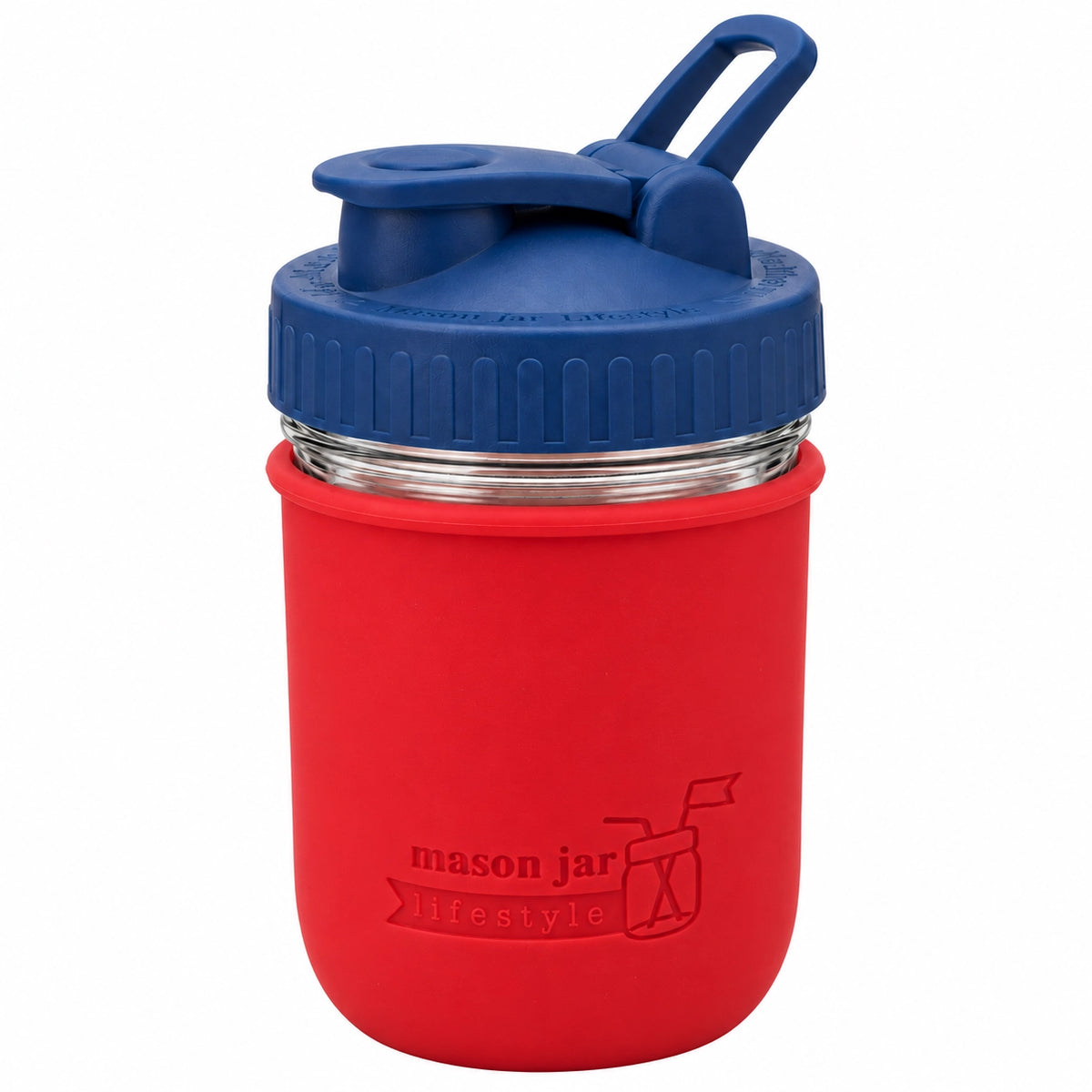 16oz Ball wide mouth mason jar sports bottle with Cherry Red silicone sleeve and Deep Blue carry loop lid