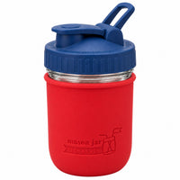 16oz Ball wide mouth mason jar sports bottle with Cherry Red silicone sleeve and Deep Blue carry loop lid