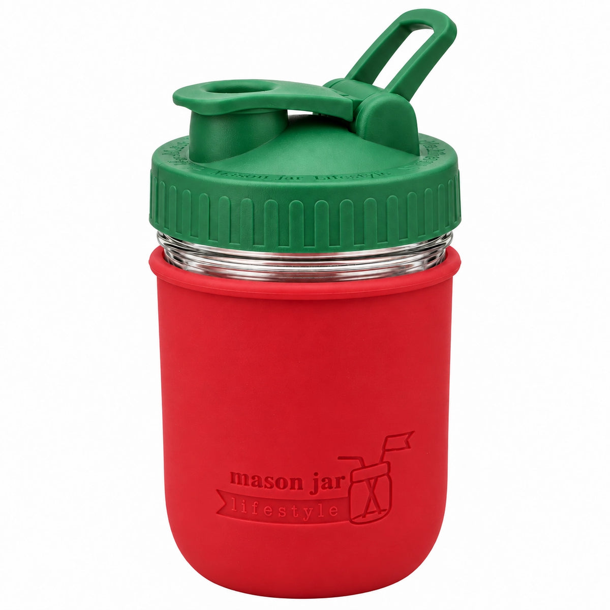 16oz Ball wide mouth mason jar sports bottle with Cherry Red silicone sleeve and Leaf Green carry loop lid