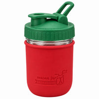 16oz Ball wide mouth mason jar sports bottle with Cherry Red silicone sleeve and Leaf Green carry loop lid