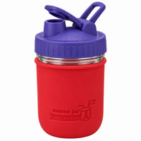 16oz Ball wide mouth mason jar sports bottle with Cherry Red silicone sleeve and Ultra Violet carry loop lid