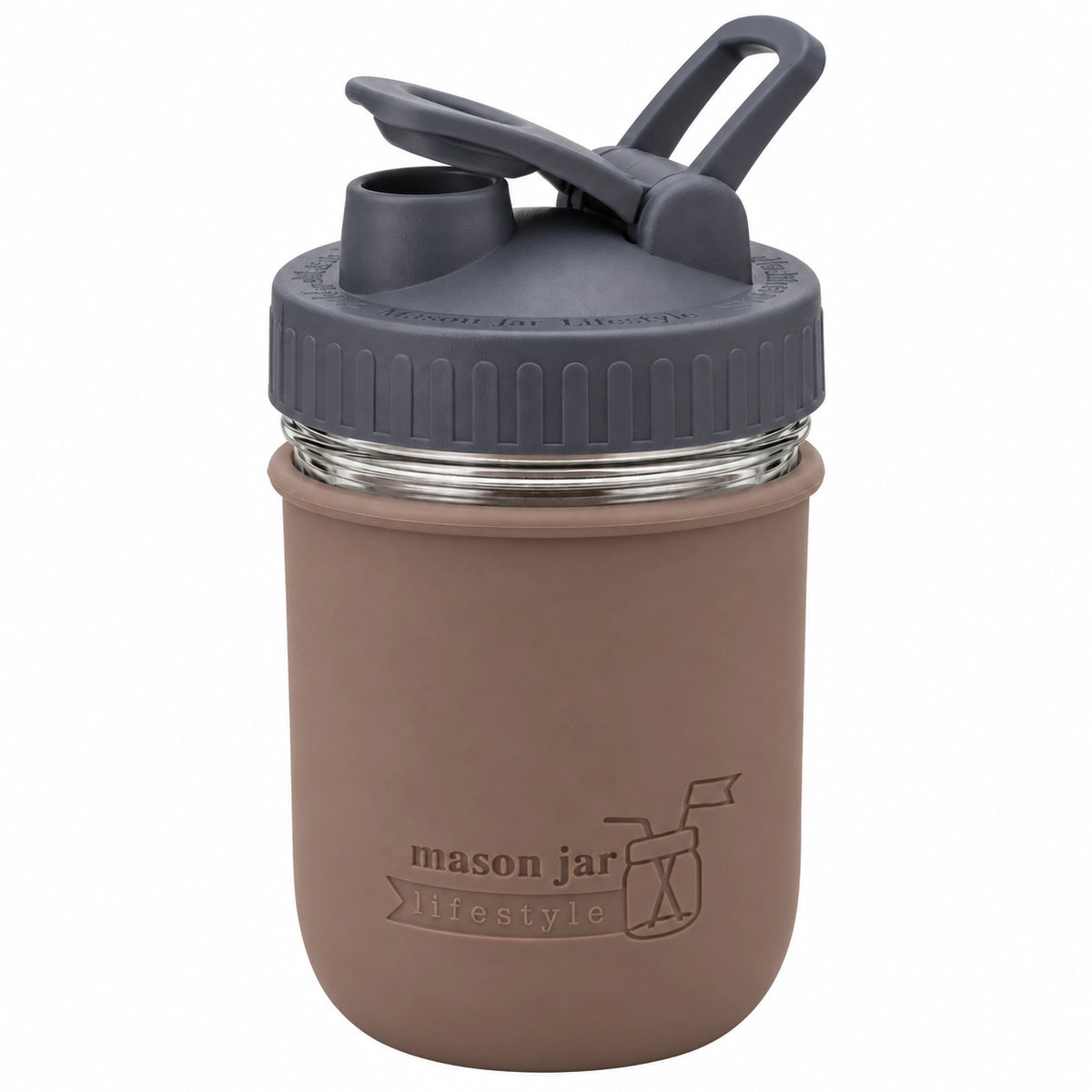 16oz Ball wide mouth mason jar sports bottle with Cocoa Brown silicone sleeve and Charcoal Gray carry loop lid