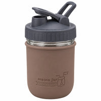 16oz Ball wide mouth mason jar sports bottle with Cocoa Brown silicone sleeve and Charcoal Gray carry loop lid