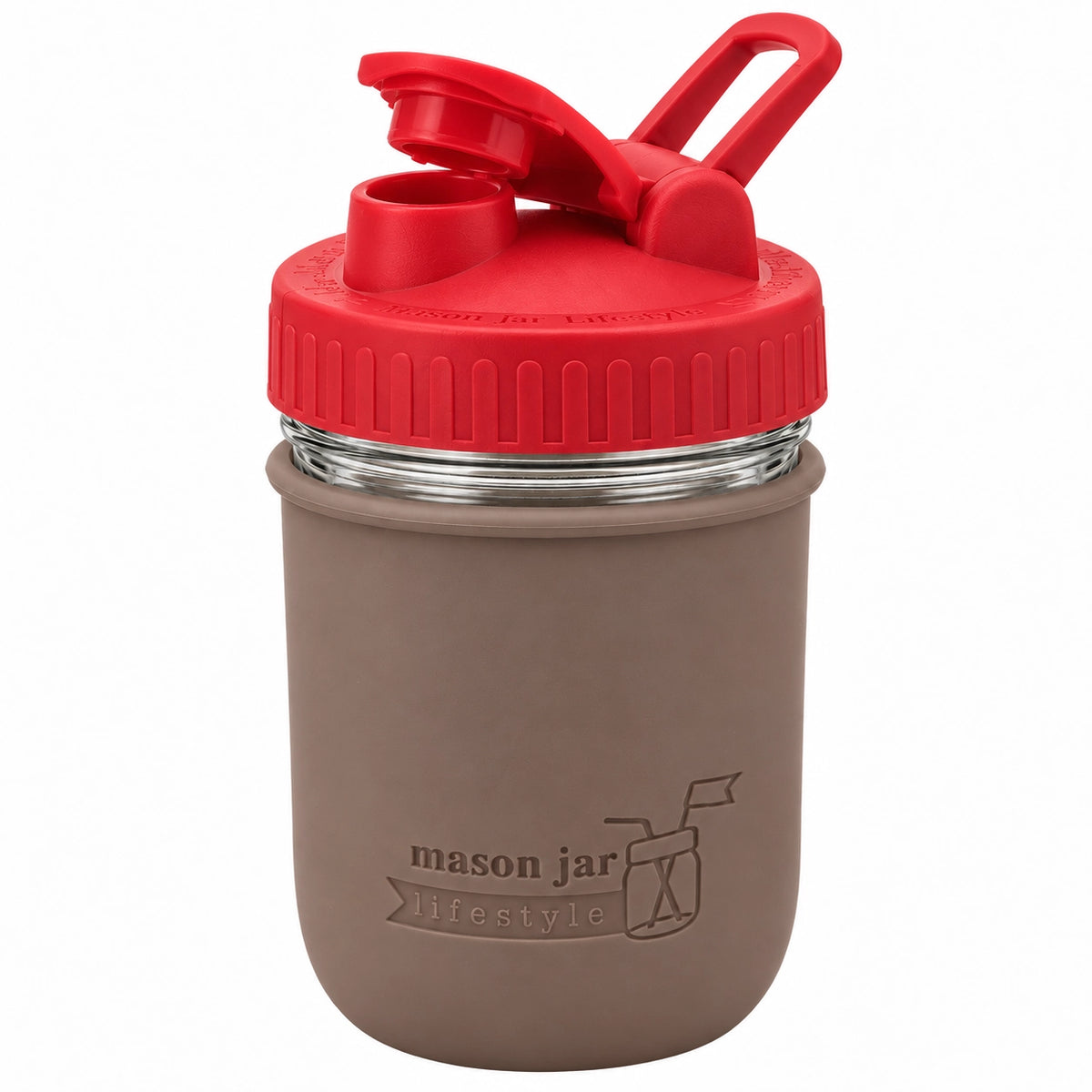 16oz Ball wide mouth mason jar sports bottle with Cocoa Brown silicone sleeve and Cherry Red carry loop lid