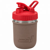 16oz Ball wide mouth mason jar sports bottle with Cocoa Brown silicone sleeve and Cherry Red carry loop lid