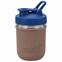16oz Ball wide mouth mason jar sports bottle with Cocoa Brown silicone sleeve and Deep Blue carry loop lid